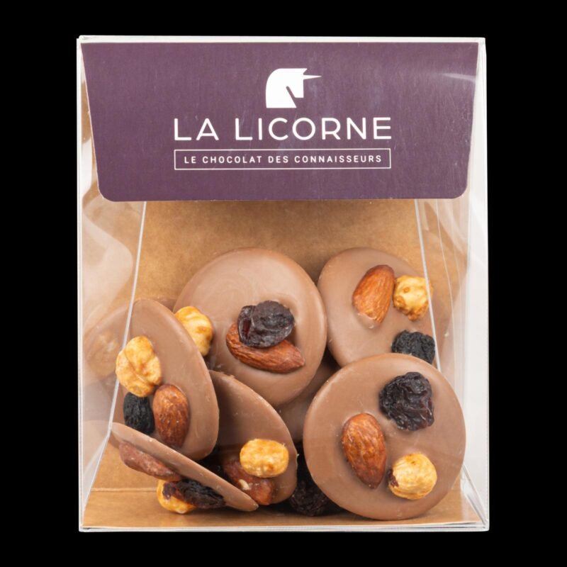 Mendiants din ciocolată cu lapte 33% și fructe uscate, La Licorne, 120 g